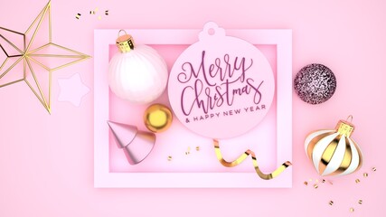 Christmas and Happy New Year 3D illustration, 3D render, pink golden background with christmas baubles, stars, glitter and a beautiful handwriting - 430141379