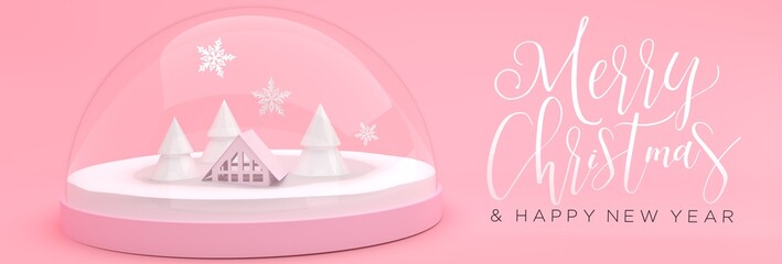Christmas and Happy New Year 3D illustration, banner, 3D render, snow globe with a winter scene, trees, snowflakes and a beautiful handwriting - 430141584