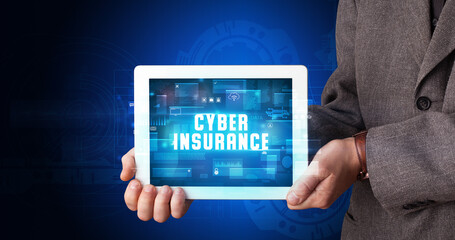 Person holding tablet, security concept