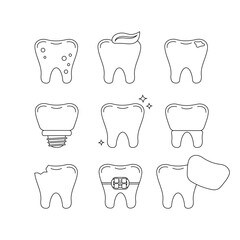 Tooth dental line icon set isolated on white. Teeth collection - plaque, caries hole, implant, clean healthy, crown, chipped, in braces and veneer. Vector flat design line art dentistry illustration