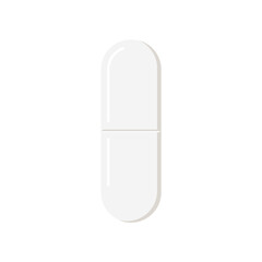 Pill medicine icon isolated on white background. White oblong form pharmaceutical tablete. Vector flat design cartoon style vitamin or drug clip art illustration.