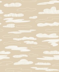Seamless pattern of white clouds on a beige pastel background. Digital oil simulation. Design of wallpaper, fabrics, textiles, packaging, posters, postcards.
