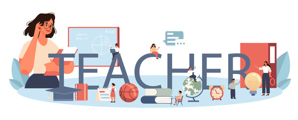 Teacher typographic header. Profesor standing in front of the blackboard.