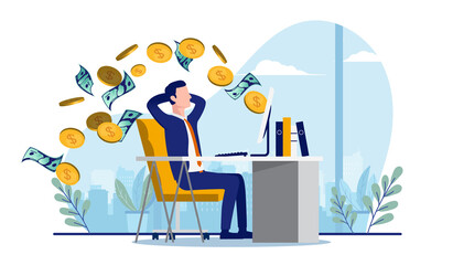 Businessman making money in office in front of computer. Salary and online earnings concept. Vector illustration with white background.