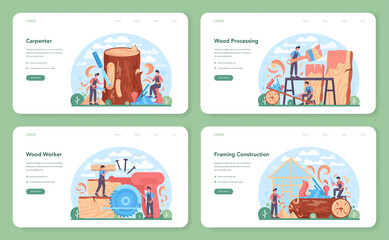 Obraz premium Carpenter web banner or landing page set. Woodworker processing wood-block