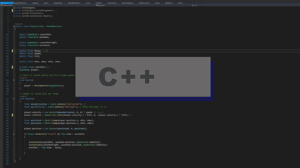 Programming language, C plus plus inscription on the background of computer code.