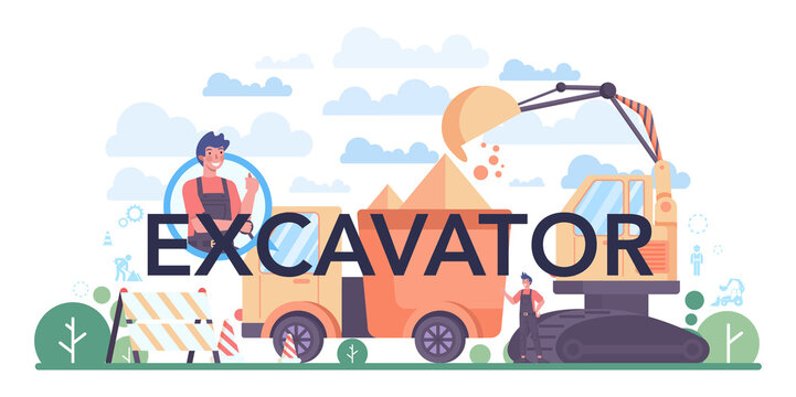 Excavator typographic header. Industrial builder or driver excavating