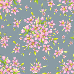 Nahtloses Blumenmuster. Frühlingsblumen auf grauem Hintergrund. Aquarell. © marinavorona