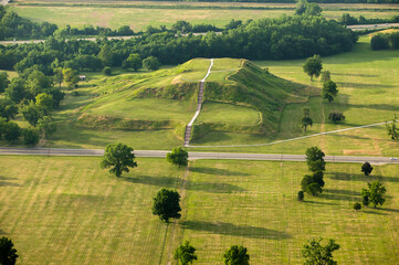 aerial view of Cahokia Mounds Native American burial grounds near Collinsville, Illinois, USA.