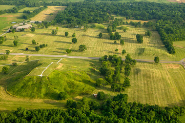 aerial view of Cahokia Mounds,  ancient Native American burial mounds near Collinsville, Illinois,...