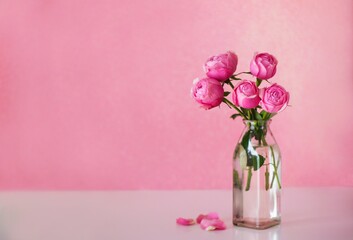 Spring flower arrangement of fresh roses in a vase on a pink pastel background. Festive floral concept with copy space