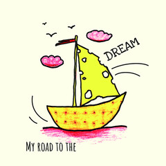 A popular inscription for a T-shirt, a ship sailing on a sea of roses and text.