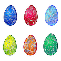 Set of Colorful Easter Eggs with Different Texture for Greeting Card with Swirls Pattern. Vintage Decoration, Logo Symbol