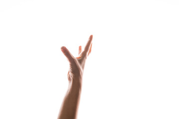 Hand gestures. woman's hand reaches up to catch or grab something,