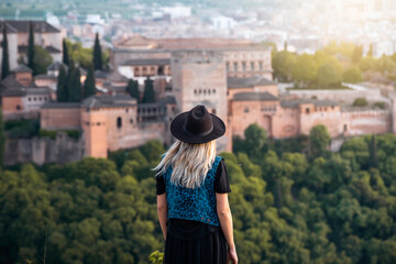A young female traveler with sunglasses and casual style contemplates the views of the Alhambra palace in the city of Granada, Spain - obrazy, fototapety, plakaty