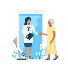The doctor consults the patient via video communication online by phone. Vector illustration of online doctor isolated on white background.