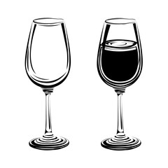 Two wine glasses are empty and full. Glass goblet isolated on white background. Vector set of silhouette drawn by lines.