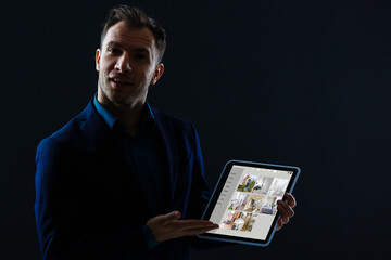 man having Home automation control station in a modern home 3D render