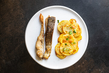 fresh fried fish and potato slices garnish seafood omega trend diet meal snack copy space food background rustic. top view