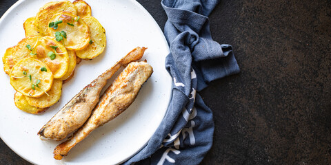 fresh fried fish and potato slices garnish seafood omega trend diet meal snack copy space food background rustic. top view