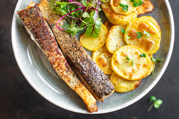 fresh fried fish and potato slices garnish seafood omega trend diet meal snack copy space food background rustic. top view