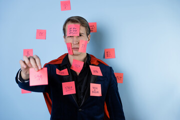 Superhero tired, emotional burnout at work. Stress and deadlines, concept.