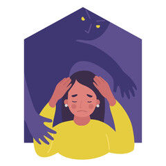 Illustration concept victim of domestic violence at home, mobbing. Portrait of woman with frustration, fear, sadness and negative emotions. Girl covering head with hands.