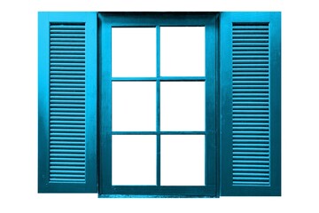 Old wooden window frame painted blue vintage isolated on a white background