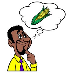 Man thinking about Corn - A cartoon illustration of a man thinking about a nice ear of Corn on the cob.