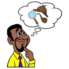 Man thinking about Detective Work - A cartoon illustration of a man thinking about the work of a Detective.