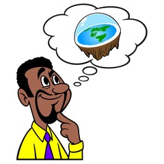 Man thinking about Flat Earth Theory - A cartoon illustration of a man thinking about the concept of a Flat Earth. 