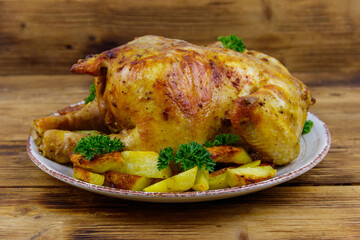Baked whole chicken with potato on a wooden table