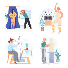 People do their favorite hobby concept scenes set. Men photographing or make sculpture. Women dancing or painting. Collection of people activities. Vector illustration of characters in flat design