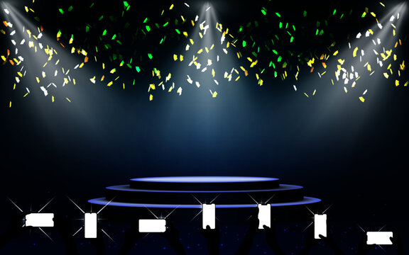 Vector illustration. Round podium with falling colorful confetti under spotlights. Party and birthday confetti vector background. Hands taking picture.