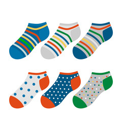 A large set of colored socks with various patterns and ornaments. children's socks in a cartoon style.