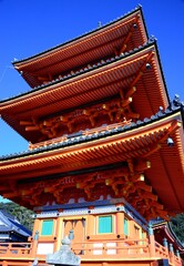 The Buddhist temple of Kiyumizudera stands on the waters of the Otowa waterfall, in spring surrounded by cherry and maple trees in bloom. Its name means Pure Water Temple.