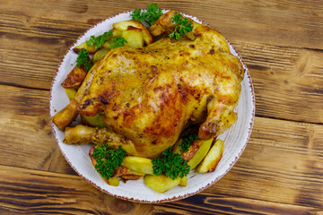 Baked whole chicken with potato on a wooden table. Top view