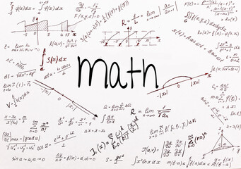 Background with hand written geometry formulas and geometric shapes and figures.