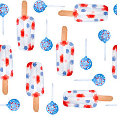 Watercolor seamless hand drawn pattern for patriotic 4th fourth of July Independence Day celebration. Design with sweets desserts candies popisicles ice cream cupcake donuts. Red blue white stars