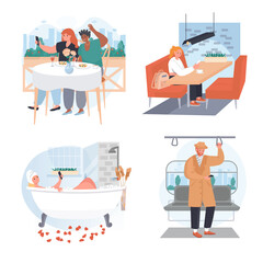 People use smartphones in different locations concept scenes set. Men and women with phones in cafe, bath, transport. Collection of human activities. Vector illustration of characters in flat design