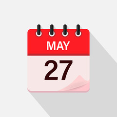 May 27, Calendar icon with shadow. Day, month. Flat vector illustration.