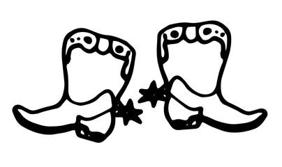 Cowboy boots with spurs. Vector isolated element vintage cowboys riding shoes hand drawn in doodle style with black line on white background, side view for label design template, background
