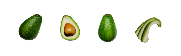 long banner with different avacados on a white background, avacado cut