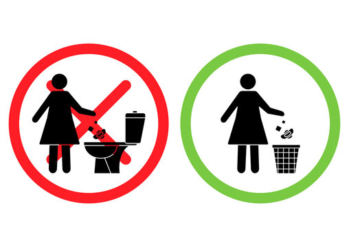 Do not litter in the toilet. Toilet no trash. Woman throws sanitary towels in the lavatory. Please use trash can for paper towels, sanitary products. Prohibition icons. Forbidden placard