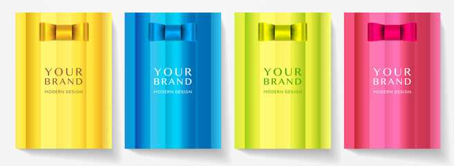 Colorful cover, frame design set. Holiday background template with bow on elegant stripe pattern. Vector collection in gold, blue, pink colors for brochure, invite, menu template, gift certificate