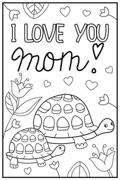 I love you mom! Mother's day greeting. Hand drawn coloring page for kids and adults. Beautiful drawing with patterns and small details. Coloring pictures. Vector