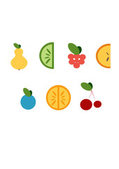 A set of fruits. Pear, lime, raspberry, apple, blueberry, orange, cherry. Fruits. Isolated. Vector illustration.