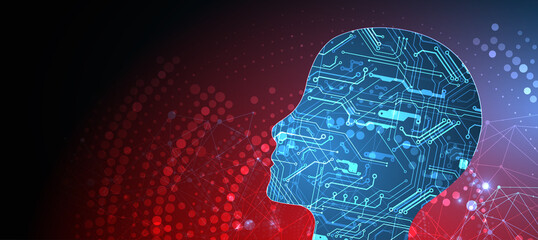 Abstract background on the theme of artificial intelligence. Head shape with technological elements inside the contour.