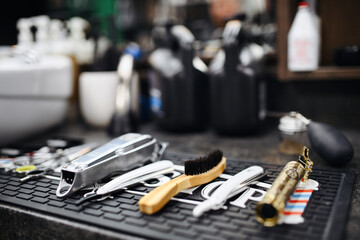 Fototapeta premium Shaving accessories and tools in barber shop.