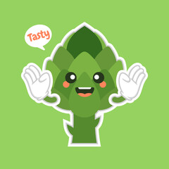 cute and kawaii artichoke Cartoon Vegetable Food Character Emoji Vector Illustration. healthy food, nutrients, diet. Vitamins and minerals. Health benefits of vegetable. Funny character.